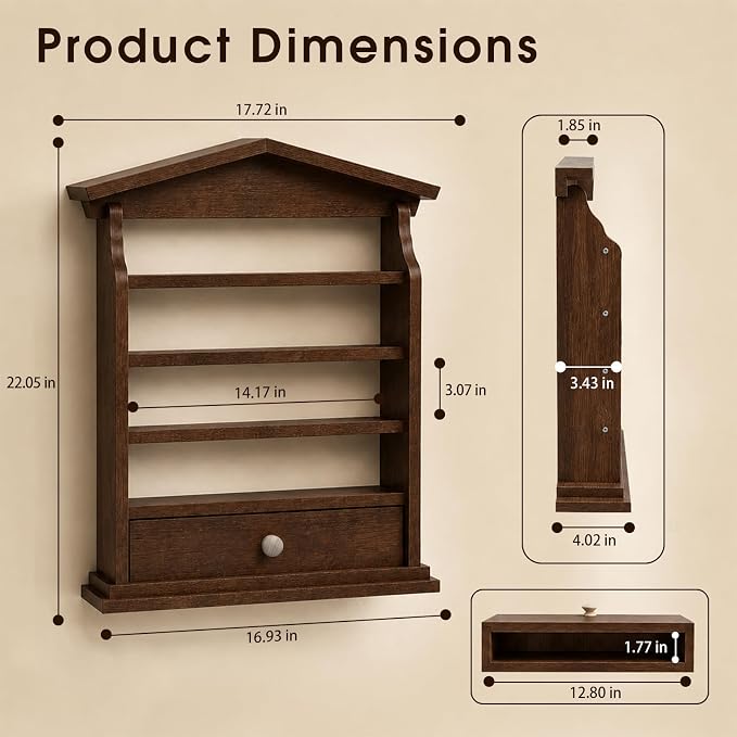 Vintage Farmhouse Wooden Spice Rack Wall Mount – 4-Tier Rustic Kitchen Organizer with Drawer, Holds 24 Small Spice Jars, Decorative Wall Storage Shelf (Dark Brown)