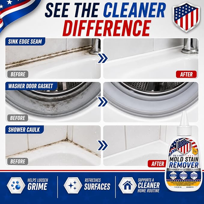 Mold Stain Cleaner Gel 7oz, Powerful Thick Stain Remover with Brush Applicator for Tile Lines, Sink Edges, Shower, Washing Machine Gasket, Rubber Loader Seal, Bathroom Grout, for Hard to Reach Stain
