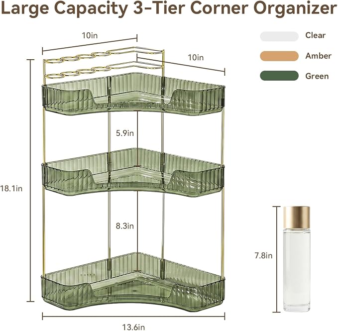 3-Tier Corner Bathroom Counter Organizer with Makeup Brush Holder, Green | Large Makeup Organizers for Vanity, Corner Bathroom Countertop Organizer for Cosmetic Perfume Skincare Storage