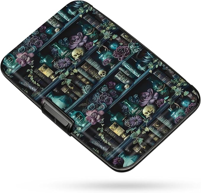 Credit Card Holder Vase & Skull Mini Aluminum Card Case Wallet | Women Men, Slim Design, RFID Blocking, Metal Business ID Case