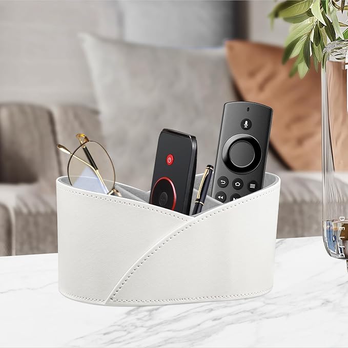 YAPISHI Remote Control Holder with 3 Compartments, Modern Design Desk Accessories Workspace Organizer for Office/School/Home, Modern PU Leather Nightstand Caddy Organizer for Makeup/Vanity/Stationery