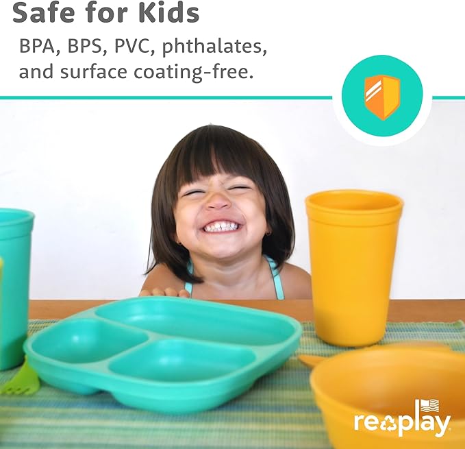 Re-Play Toddler Plates with Dividers & Silicone Lid - Deep-Walled 3 Compartments Divided Plates for Kids - Dishwasher/Microwave Safe - Made in USA - Set of 4-7.37" x 7.37" x 1.25" - Aqua Asst