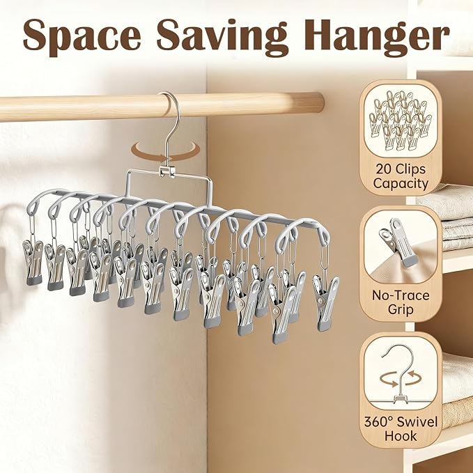 Pants Hangers with 20 Clips, Space Saving Hanging Closet Organizer (Grey) | 360°swivel & non-slip rustproof clips, multi-functional organizer holds leggings, skirts, hats, socks, scarves and lingerie