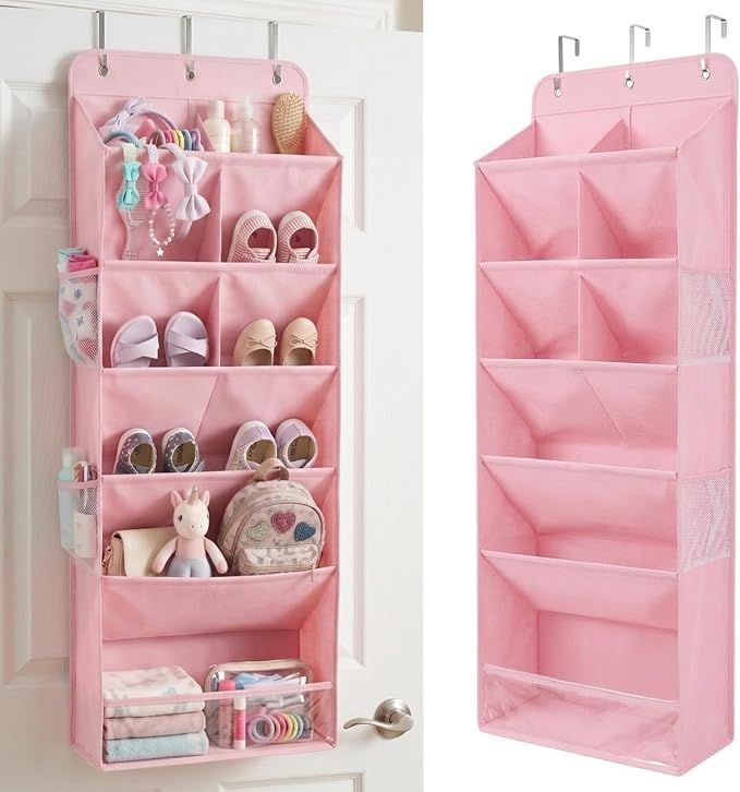 HOMELUX THEORY Hanging Shoe Organizer for Closet, 6 Tier Over the Door Shoe Organizer 120D Extra Thick with Deep Pockets, Shoe Rack for Closet & Entryway, with 4 Side Storage Pockets (Pink)