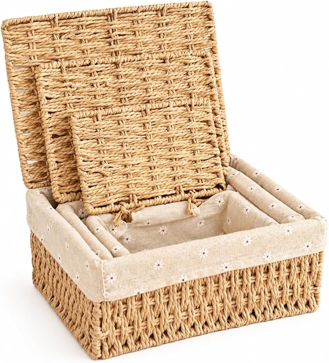 1PC Woven Storage Basket with Lid for Closet Shelf-Khaki Large | Bathroom, Closet & Shelf Storage Basket, Sewing & Towel Basket, Blanket & Toy Storage, Woven Basket with Liner