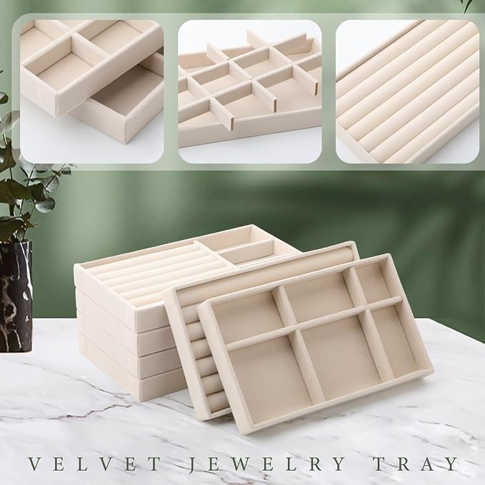 Inbagi 12 Pcs Small Velvet Jewelry Tray Stackable Jewelry Organizer Drawers Insert Divided Storage Display Trays for Earring Ring Brooch Watch Necklace Bracelet 8.3 x 5 x 1 Inches