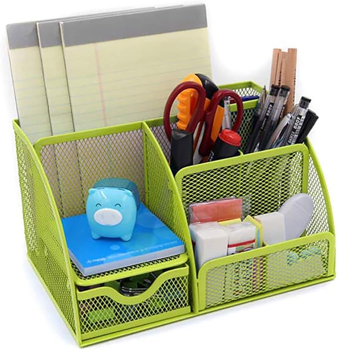 VANRA Office Supply Caddy Mesh Desk Organizer School Supply Holder 6 Compartments with Drawer (Green)