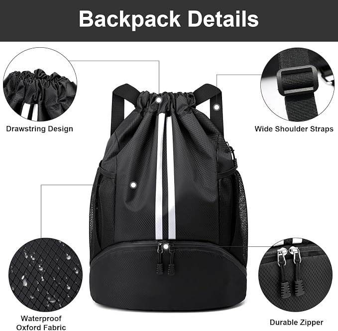 Hoedia Sports Drawstring Backpack - Swim Gym Bag for Women and Men | String Bag with Shoes Compartment and Wet Proof Pocket, Adjustable Wider Shoulder Strap, For Soccer, Basketabll, Volleyball