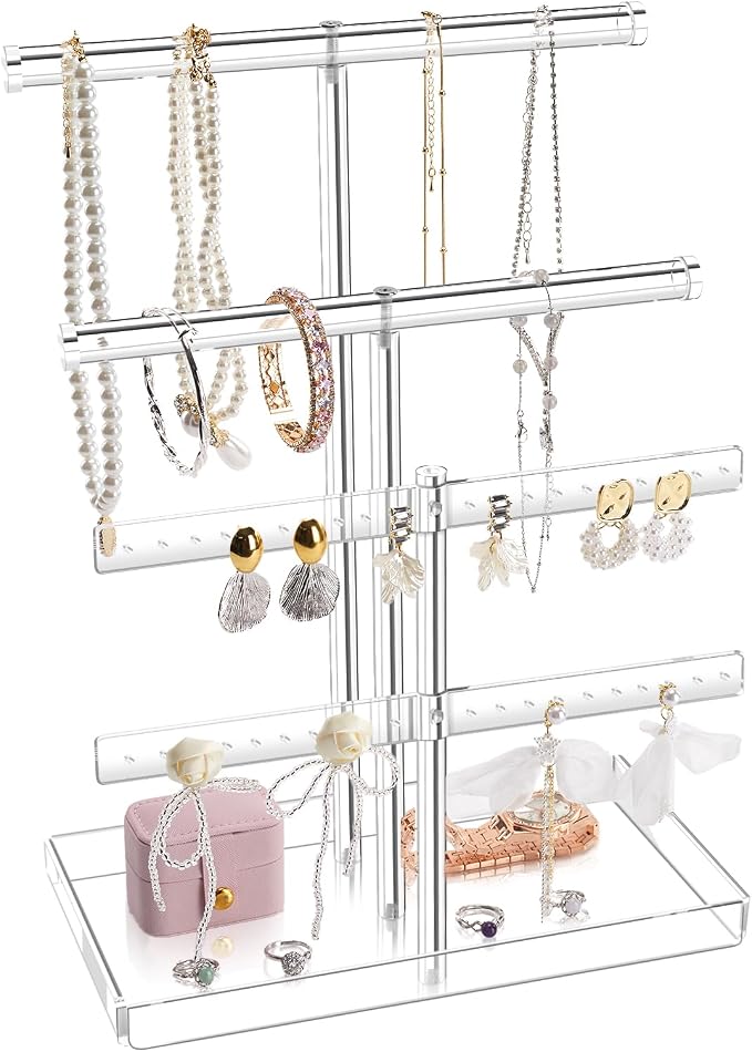 Acrylic Jewelry Organizer Stand with Tray, 4-Tier 14" Tall Tangle-Free Clear Jewelry Display Holder for Hanging Long Necklaces & Bracelets, 40 Earring Holes, Tower Tray Storage for Rings Watch Perfum