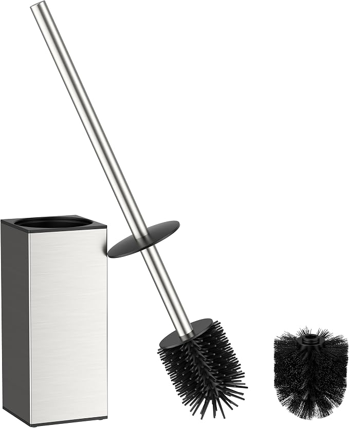 FORIOUS Toilet Brush and Holder Set, SUS304 Stainless Steel Square Base, Extended Long Handle, Drip-Proof & Space Saving, 2 Replaceable Brush Heads, Plastic & Silicone Dual Brush Head, Brushed Nickel