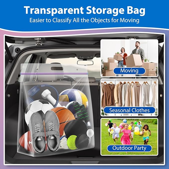 Zipper Storage Bags with Handle and Bottom, Pack of 12, 3 Gallon Heavy Duty Clear Handy Plastic Bag, 16"x18" Reusable Large Zip Storage Bag for Sports, Travel, Moving and Clothes, 3-Mil Thick