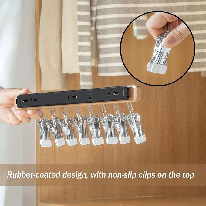 Pull Out Hat Rack for Closet, Sliding Hooks Hanger Rack with Clips for Bras Caps Underwear Socks Scarves Gloves Handkerchiefs, Dual Side 8 Clips Rail, 2 Pcs