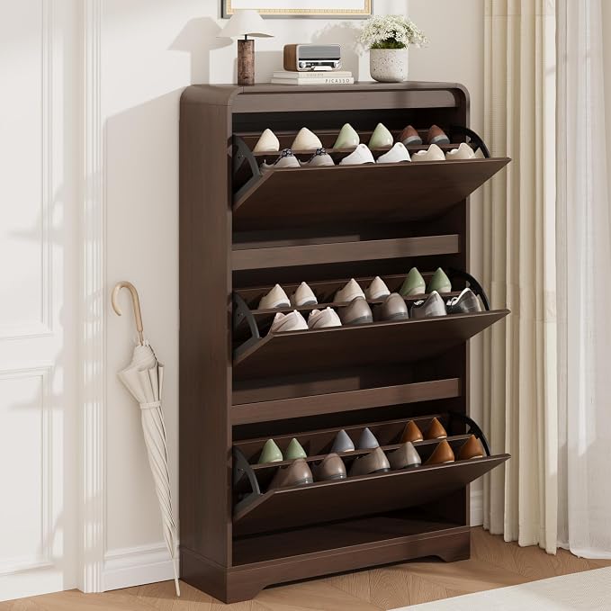 Garvee Hidden Shoe Cabinet, Brown | 3 Flip Drawers, Freestanding, For Entryway, Hallway, Foyer, Modern Design, Small Space