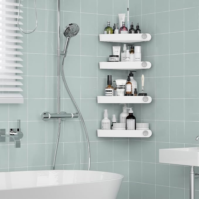 Sotfamily Plastic Shower Caddy Corner (for 90° Only), 4 Pack, White | Adhesive Corner Shower Shelves for Bathroom Organizers and Storage, Bathroom Decor