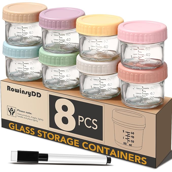 RowinsyDD 8 Pack Glass Baby Food Storage Containers, 2 oz Leakproof Baby Food Jars with Lids, Small Glass Food Containers for Infant Baby, Freezer Safe