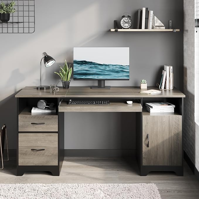 59" Executive Desk with 2 Drawers, File Cabinet & Keyboard Tray, Gray | 59 Inch Executive Desk With 2 Drawers & File Cabinet. Industrial Wood Workspace Keeps Your Home Office Organized