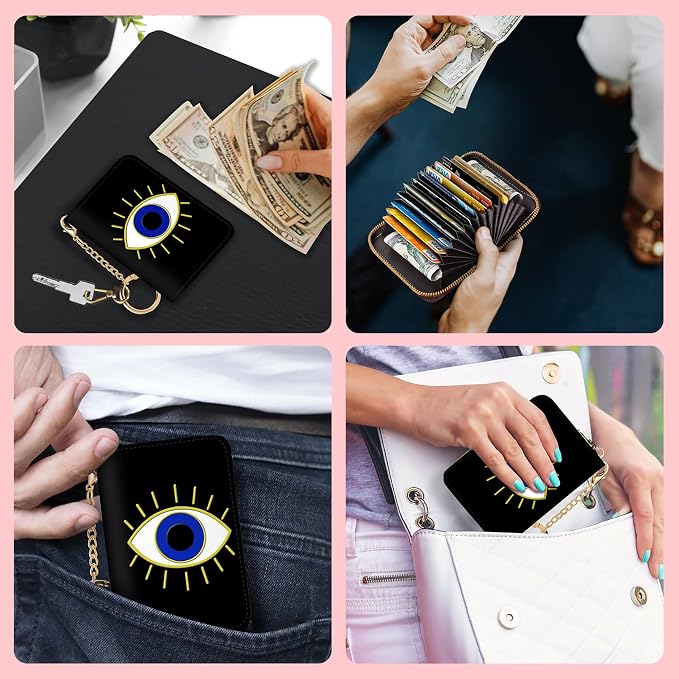 Blusabaca RFID Credit Card Holder Small Women Travel Wallet, Evil Eye | Removable Keychain, Case with Zipper, Vegan PU Leather, Cash Coin Pocket, Business Accordion Purse, Ladies Female Gift