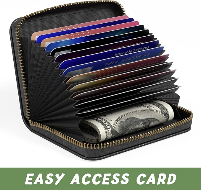 Aiawoxc Credit Card Holder for Women, Small RFID Wallet Slim Leather Business Card Organizer Case with Zipper and Keychain, Black