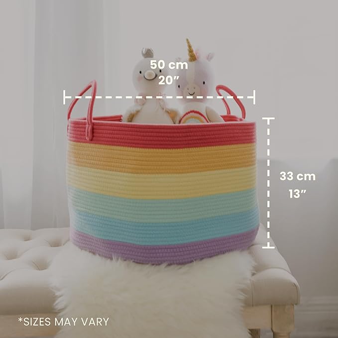 OrganiHaus Rainbow Blanket Basket for Classroom & Nursery, Extra Large Woven Laundry Basket w/Handles, Kids Toy Organizer & Storage, Soft Round Dog Toy Storage Bin, Cute Bin - 20"x13" in