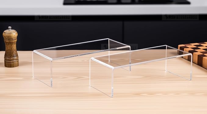 CLAY TONIC Acrylic Display Risers, 5MM Thick Clear Stands, 4-Pack Large Size, for Kitchen Organization and Retail Display (12x 5x 3.5 Inch)