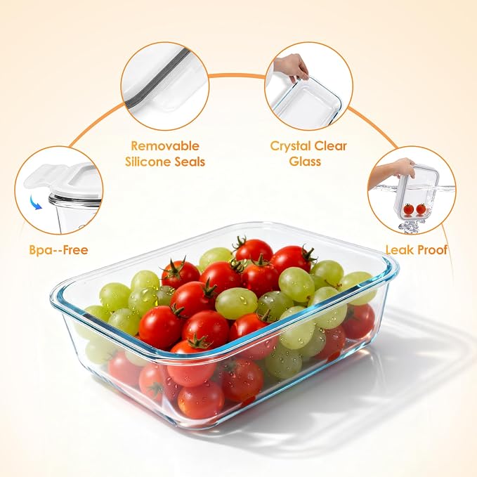 2 Pack 78oz/9.8 CUPS Large Glass Storage Containers with Lids, Meal Prep Food Container Set, Airtight Leakproof Snap Lids, For family meal prep, Baking, Microwave Oven Freezer Dishwasher Safe