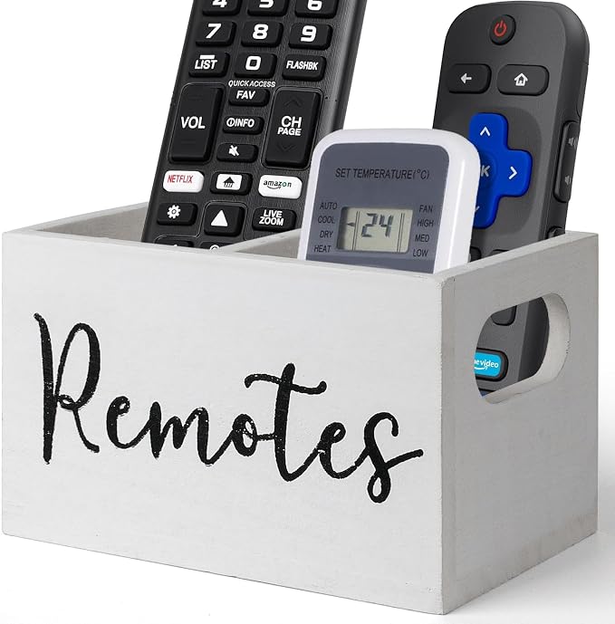 Remote Control Holder, Wooden TV Remote Holder for Table, Remote Caddy Organizer with 2 Compartments, Media Storage Box for Nightstand, Couch (White)