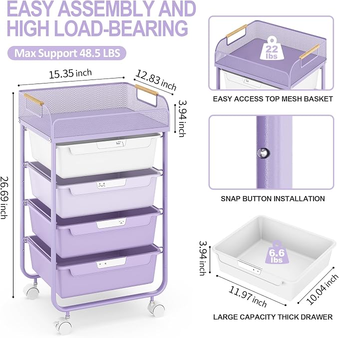 SYKIARIOL 4-Drawer Rolling Storage Cart with Mesh Top, Utility Craft Organizer Cart on Wheels with DIY Labels, Rolling Drawer Cart for Home Office Classroom Bedroom, Purple