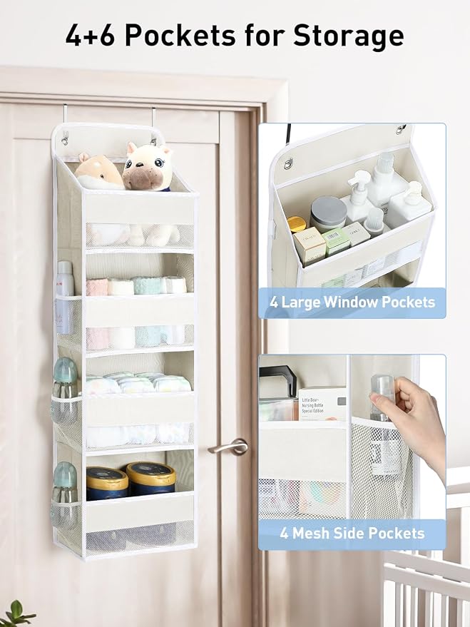Yecaye Over the Door Organizer, 35.2lbs Load Toy Stuffed Animal Storage, Bathroom Organizers and Storage for Nursery Newborn Baby Essential Stuff Dorm Room Essentials, Cream White 4 Tier