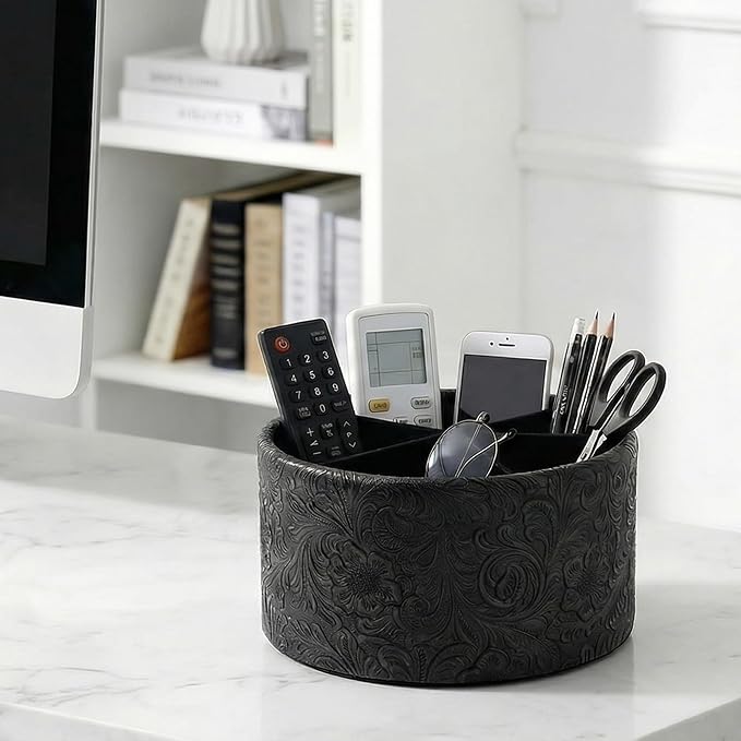 Remote Control Holder, 360°Spinning PU Leather Desk TV Remote Caddy,Desk Storage Box Room Accessories for Controller, Media,Mail,Calculator, Mobile Phone,Pencil(1-Carved Black)
