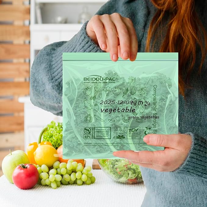 BEIDOU-PAC Compostable Quart Food Storage Freezer Bags, 180 Count | 2 Mil | 8 IN x 7 IN, Freshness Easy Open Biodegradable, Eco-Friendly Reclosable Compost Zipper Bags