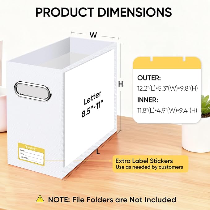 BALEINE File Organizer Box, Cardboard File Folder Organizer with Handle for Letter Size, Portable Collapsible Hanging Filing Box for Home Office Document Storage (2 Pack, White)