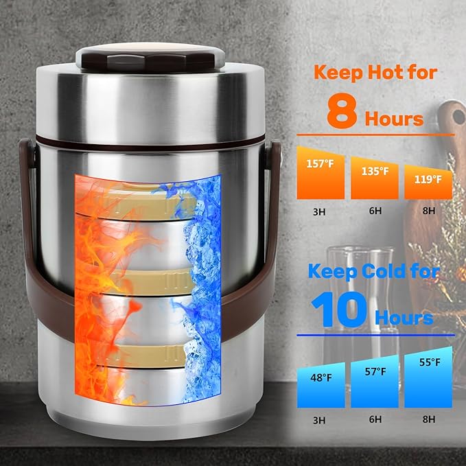 3-Layer Thermos for Hot Food & Soup Containers 67 Oz with Lunch Bag | Sealed Stackable Stainless Steel Insulated Bento Box, Ideal for Daily Office Meals, School Lunches and Outdoor Dining