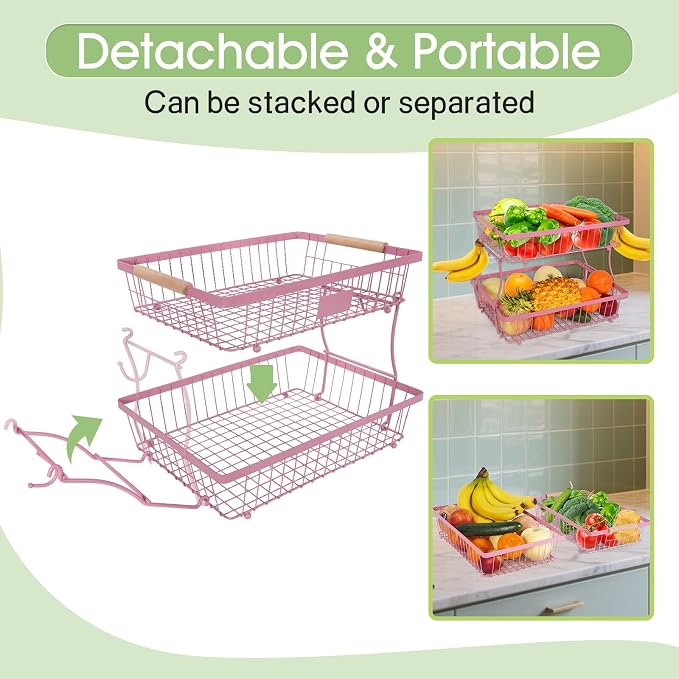 Fruit Basket Bowl 2 Tier Detachable with 2 Banana Hangers, Fruit Stand Holder for Kitchen Countertop, Metal Wire Vegetable Storage Organizer, for Bread Snack Veggies Produce, pink