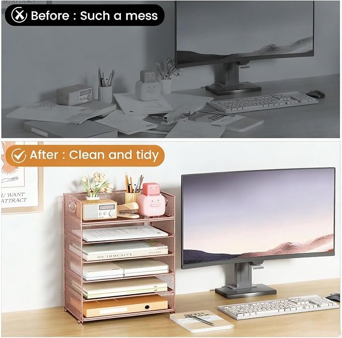 6 Trays Paper Organizer with Handle - Mesh Desk File/Letter Paper Sorter Organizer for Office, Home or School (Rose Gold)
