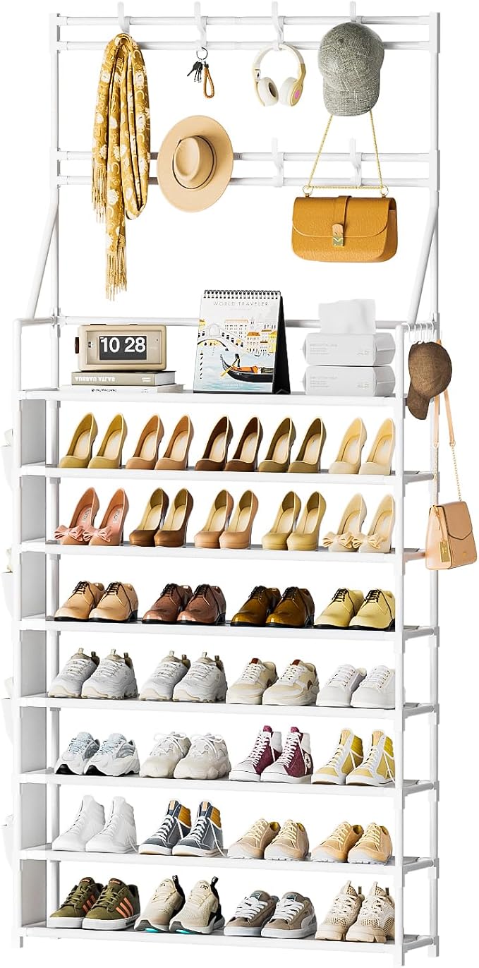 OYREL Shoe Rack 8 Tier Large Shoe Organizer Storage 32-40 Pairs | Metal Shoe Storage Rack with Hooks and Side Pocket for Entrance Entryway Closet Shoe Shelf Holder