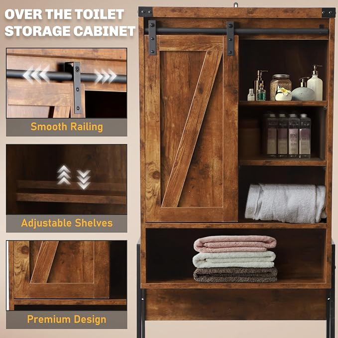 Over Toilet Storage Cabinet with Barn Door & Adjustable Shelves | 24 Inch Wide Bathroom Organizer, Space-Saving, Sturdy Wood, Anti-Tipping, Easy Assembly, for Restroom, Laundry, Small Spaces