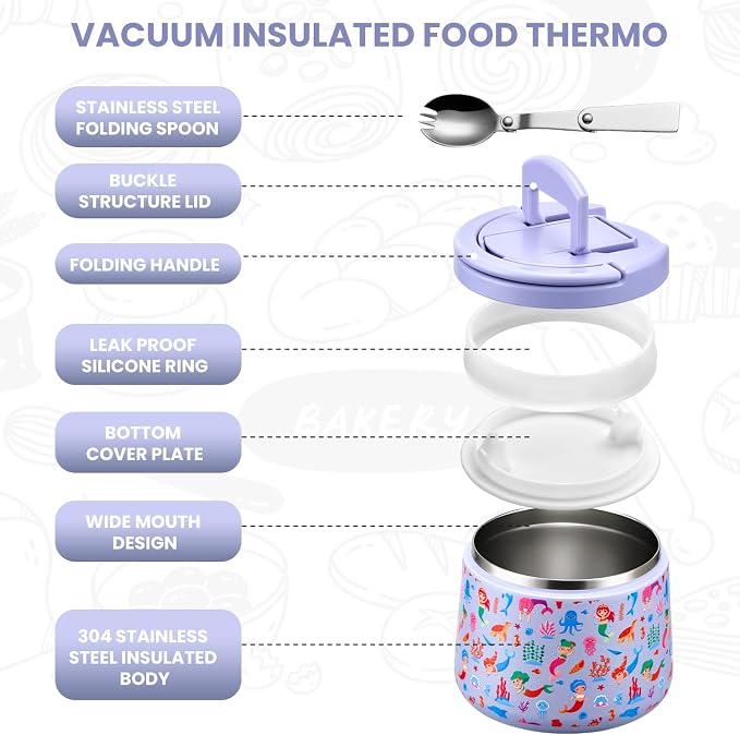 Itslife 14oz Vacuum Insulated Soup Thermo for Hot Food, Kids Lunch Container with Leakproof Buckle Lid, Wide Mouth Stainless Steel Food Jar with Spoon