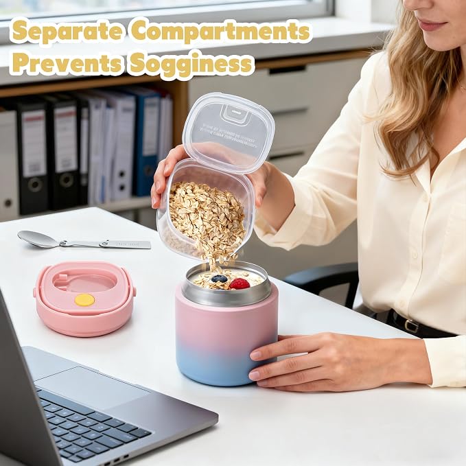 2 - in - 1 Soup Thermo for Hot Food 14oz with Snack Box Container Leak Proof Insulated Lunch Container Kids and Adults Stainless Steel Double Wall Vacuum Wide-mouth Thermal with Spoon and Handle