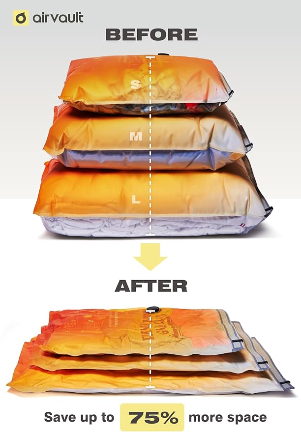 AirVault Vacuum Storage Bags for Travel & Home - Space Saver Compression Packing Bags Set for Clothes, Blankets & Seasonal Storage, Small (4), Medium (8), Large (8) (Orange,20-Pack Combo)