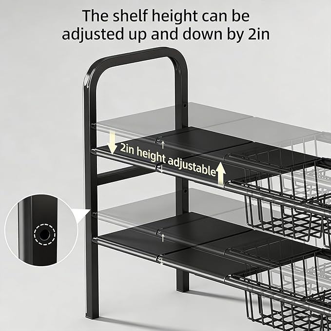 Under Sink Organizers – Expandable 2 Tier Under Cabinet Storage Rack with Adjustable Shelves, 4 Baskets & Panels, Heavy Duty Metal, Fits Around Pipes for Kitchen & Bathroom (Black)