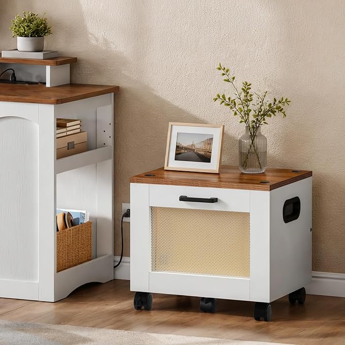 HOOBRO File Cabinet, Rolling File Cart, Under Desk Small Filing Cabinet, File Organizer Box, Home Office File Basket with Drawer for A4, Letter Files, White and Walnut WH11WJ01G1