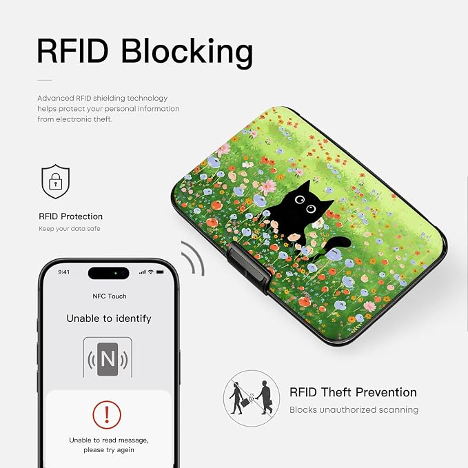 Credit Card Holder RFID Aluminum card case Flowers Cat 2 mini Wallet Women | ABS Business ID Case,Hard Case Large Capacity 6 Slots, Waterproof Durable ，Secure Closure Slim Small Credit Card Protector