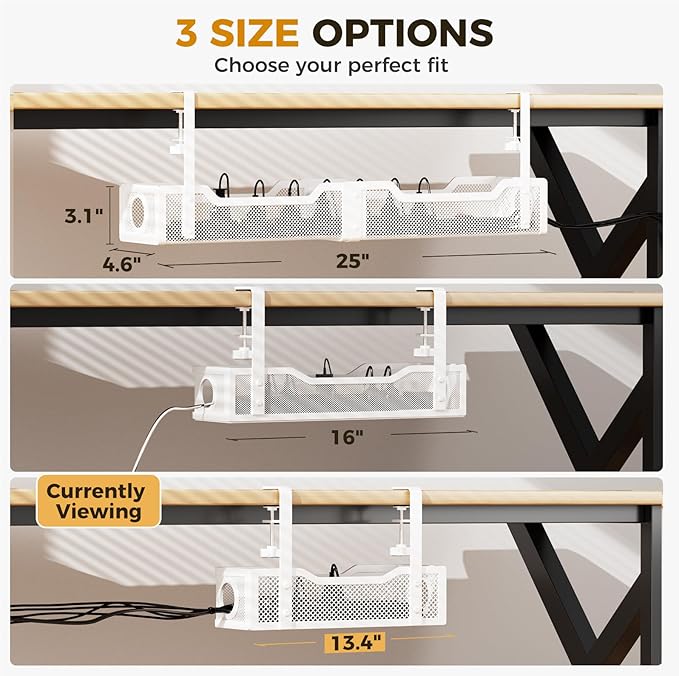 4 Pack Under Desk Cable Management Box White, Cinati 53.6" Wire Organizers No Drill, Cord Organization Tray with Clamp for Office, Home - No Damage to Desk