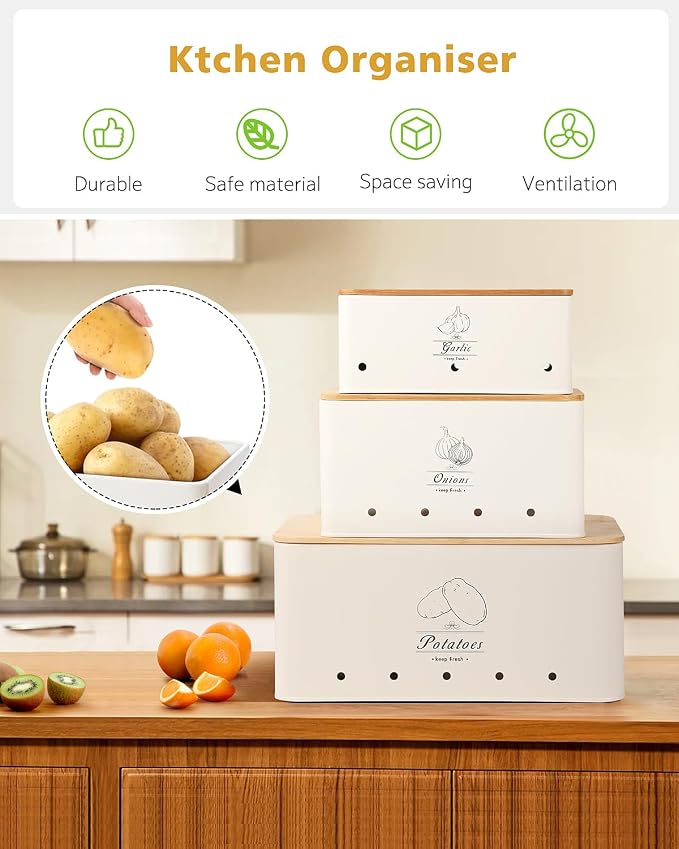 Kitchen Vegetable Storage Tins Set of 3 for Potatoes, Onion, Garlic, Vegetable Storage Containers with Ventilation and Bamboo cover, White metal material, Potato and Onion bin for Pantry