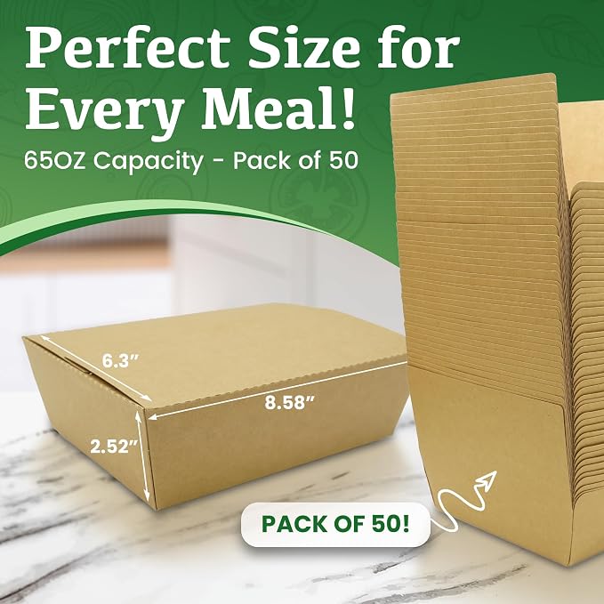 Holotap Disposable Kraft Paper To Go Containers With Lids,Microwaveable and Grease Resistant Cardboard Lunch Boxes,Meal Prep Containers Reusable for Restaurant, Kitchen,and Party (50 Pcs-65Oz)