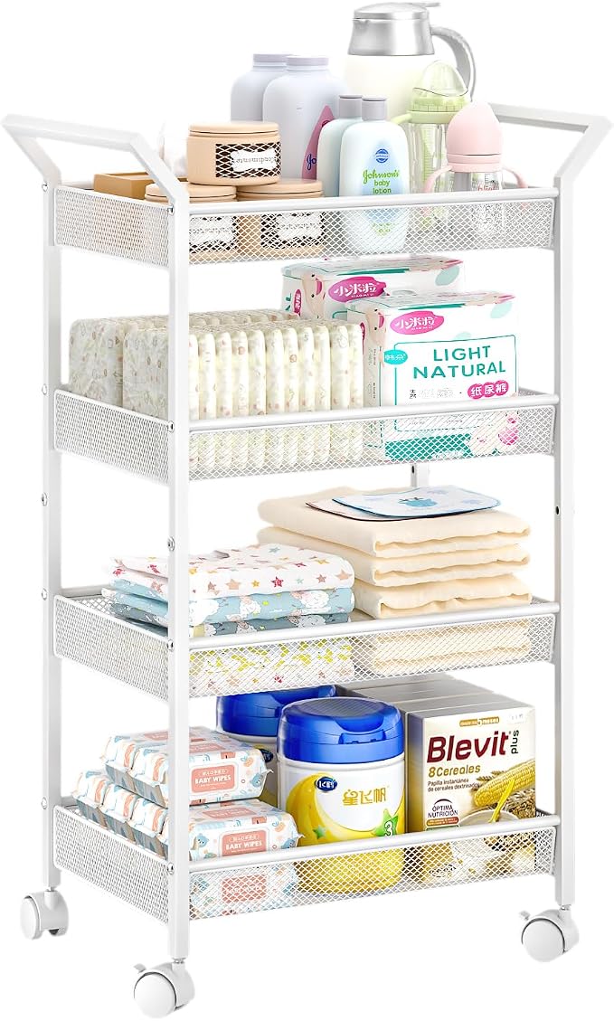 Baby Diaper Caddy Cart, 4-Tier Diaper Caddy Organizer and Storage, Rolling Utility Cart for Baby Supplies, Diaper Cart with Wheels for Bedroom, Nursery, Changing Table, White