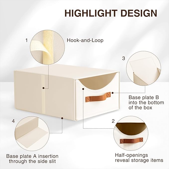 Homsorout Stackable Storage Drawers - Collapsible Storage Bins with Drawers, 4 Pack Closet Shelf Organizer Basket, Fabric Pull Out Organizer for Bedroom, Living Room, Dorm, Beige