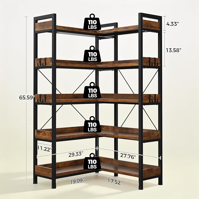 GTPLAYER 5-Tier Corner Bookshelf, L-Shaped Metal Frame Shelf with Tall 14" Shelves, Plant Stand and Storage Rack for Small Spaces, Living Room and Home Office, Vintage Brown