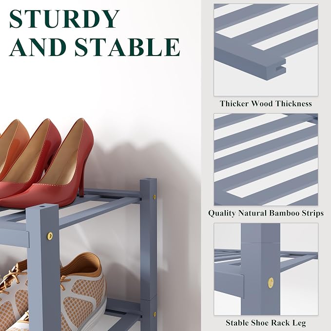 Smiry Small Bamboo Shoe Rack, 2 Tier Free Standing Wooden Shoe Organizer, Stackable Wood Shoe Storage Shelf for Closet, Entryway, 12 Vertical Slats, One-piece Standard Legs, 17.3"x11"x13", Grey