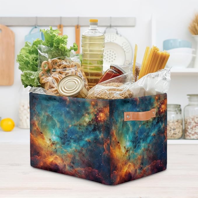 Cube Storage Bins for Shelves, Blue Orange Nebula Print Collapsible Fabric Toys Storage Basket Box with Handles for Home Office Bedroom Closet